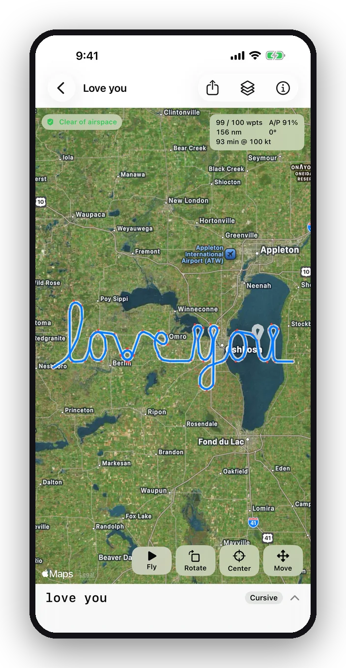 FlyGlyph showing “love you” in cursive over Lake Winnebago, Wisconsin