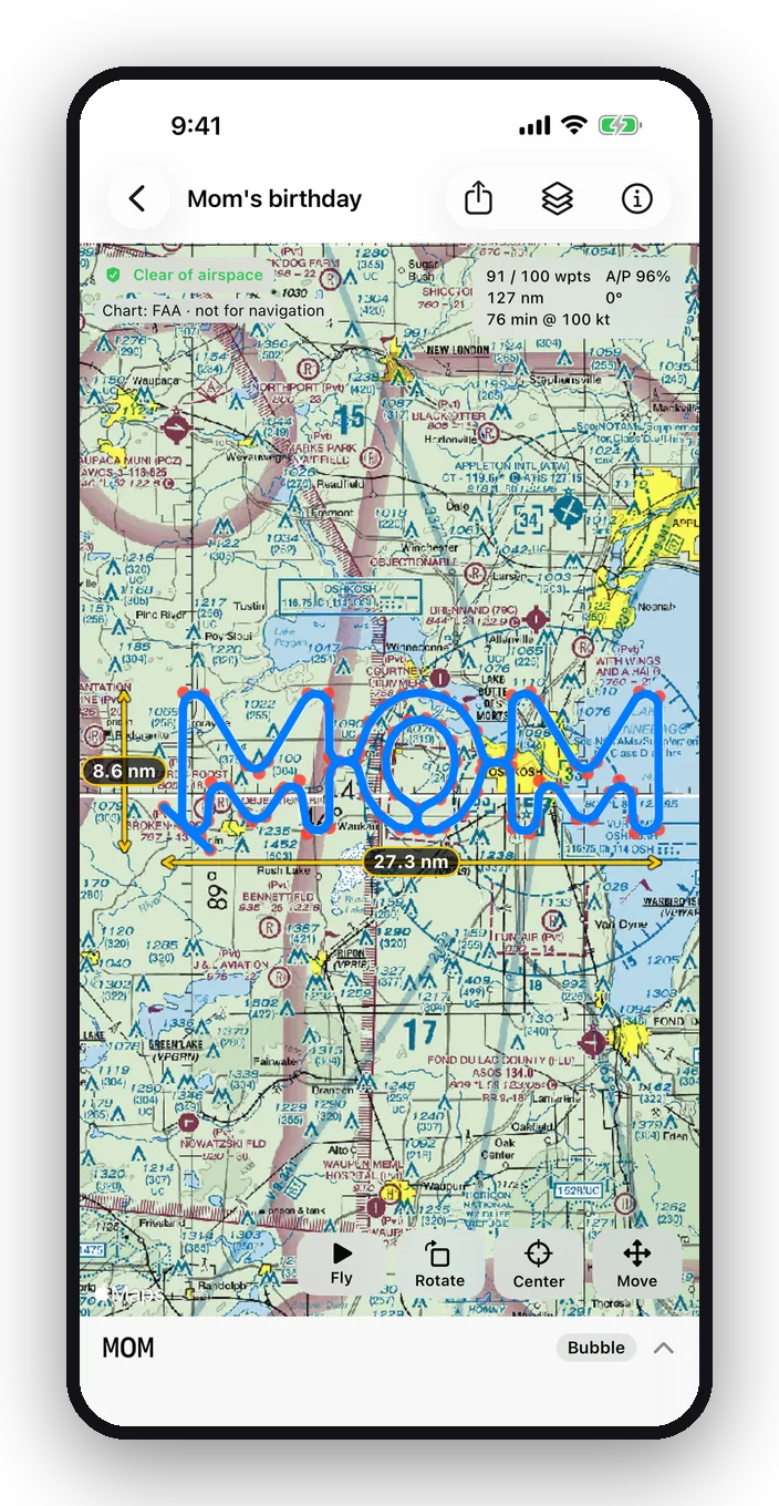 The word MOM over the FAA sectional chart near Oshkosh, with height and width in nautical miles