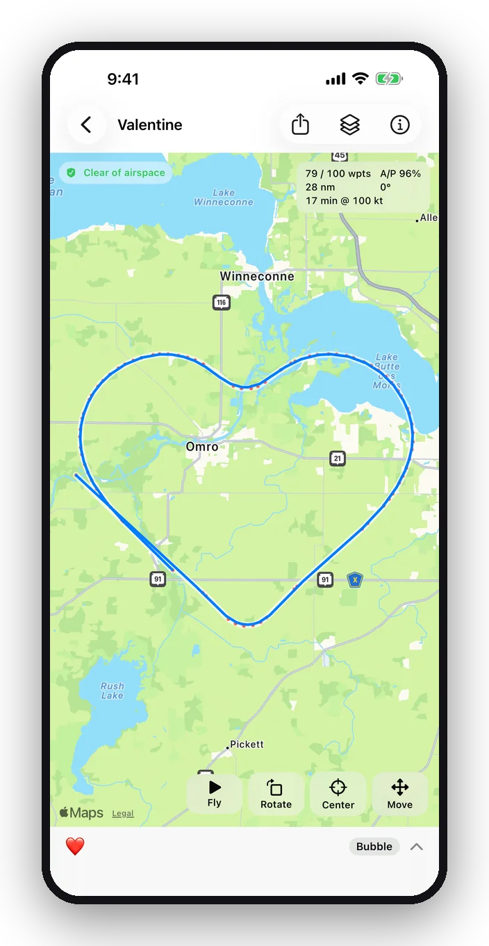 A heart-shaped flight track over Omro, Wisconsin, on the plain map
