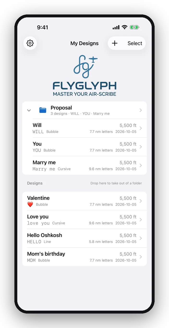 My Designs list with a Proposal folder and saved designs
