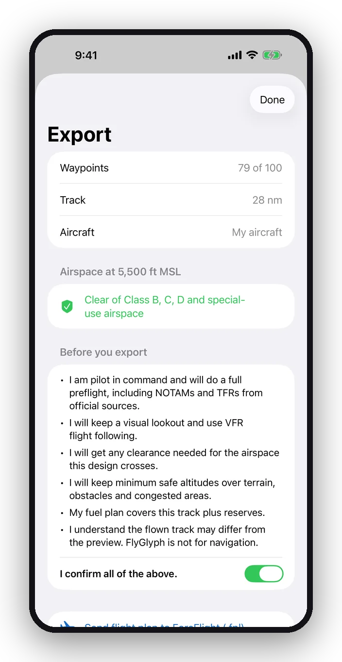 Export screen with the pilot-in-command checklist and share buttons