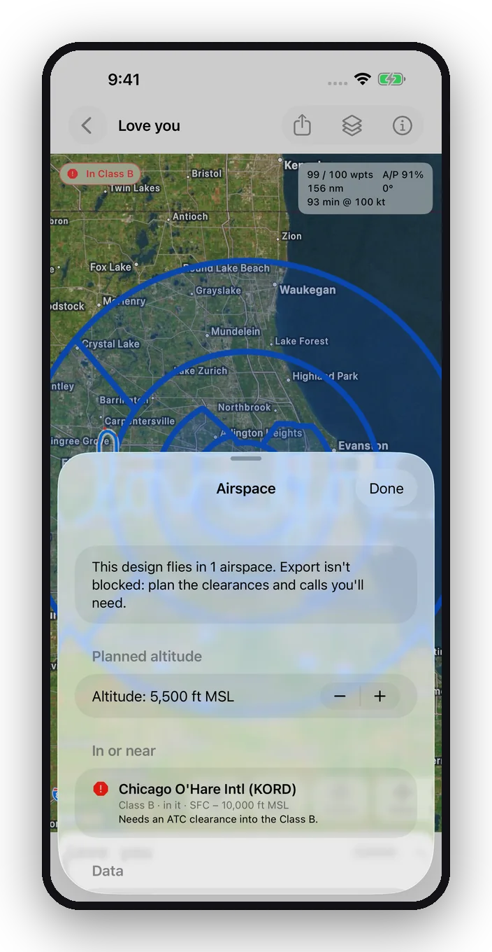 The Airspace details: Chicago O'Hare Intl (KORD), Class B, in it, surface to 10,000 ft MSL, needs an ATC clearance
