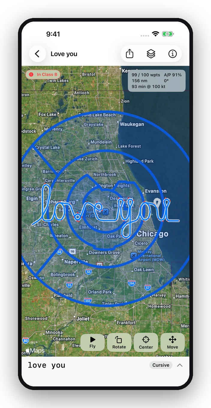 “love you” in cursive over Chicago, inside O'Hare's Class B: a red “In Class B” alert and the Class B rings outlined on the map