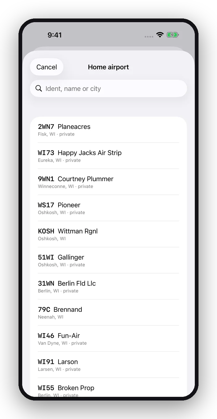 Choosing a home airport: the airports nearest Oshkosh, Wisconsin, with a search field